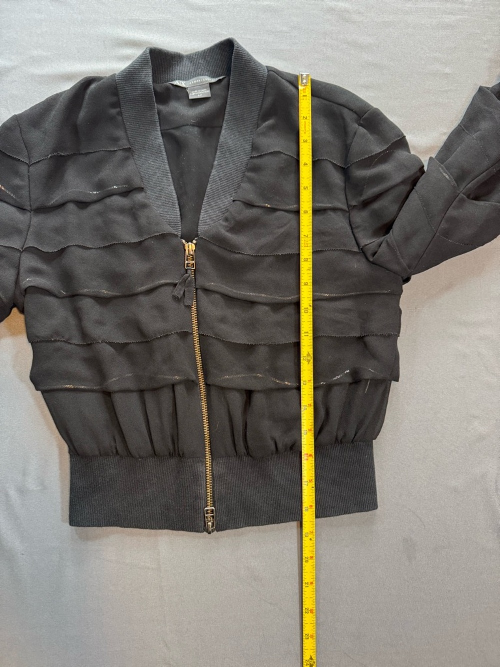Armani Exchange Black Cropped Ruffle Bomber Jacket with Gold Zipper Size S - Picture 6 of 6